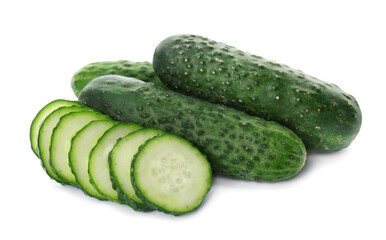Whole and cut cucumbers on white background