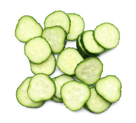 Slices of fresh ripe cucumber isolated on white, top view