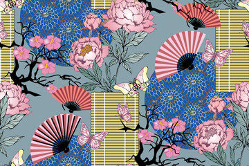 Seamless abstract peony flowers pattern in Japanese style. Fashion textiles, fabric, packaging..