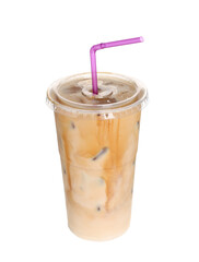 Takeaway plastic cup with cold coffee drink and straw on white background