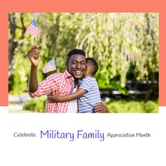 Image of military family appreciation month over african american father and son with flags of usa