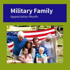 Image of military family appreciation month over happy caucasian family with flag of usa