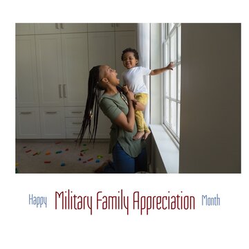 Image of military family appreciation month over african american mother and son at home