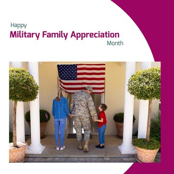 Image Of Military Family Appreciation Month Over Back View Of Caucasian Family At House