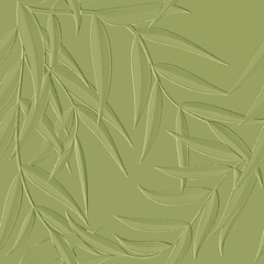 Fototapeta na wymiar Green 3d Palm leaves and branches textured seamless pattern. Tropical palm leaves relief background. Repeat embossed backdrop. Surface leaves, branches. 3d leafy floral ornament with embossing effects