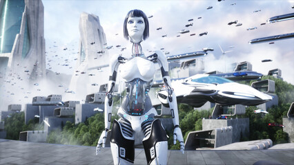 Female robot, droid. Futuristic city. flying car traffic. megapolice. Future concept. 3d rendering.