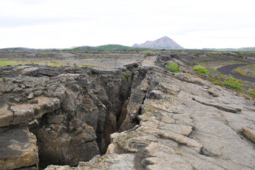 Crack in the rock and landscape in Iceland