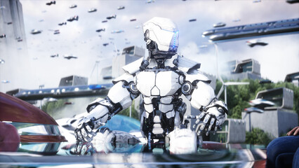 Robot, droid. Futuristic city. flying car traffic. megapolice. Future concept. 3d rendering.
