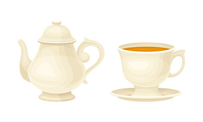 White Ceramic Teapot and Tea Cup on Saucer with Hot Aromatic Beverage Poured with Boiling Water for Brewing Vector Set