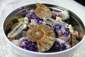 Tin Full of Fossils, Crystles and Geodes