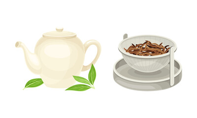 Ceramic Teapot or Kettle with Spout and Dry Fermented Leaves for Beverage Preparation Vector Set