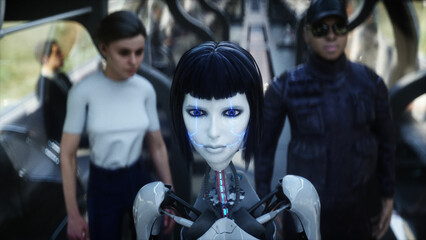 Female robot in flying futuristic train. Futuristic city. flying car traffic. megapolice. Future concept. 3d rendering.