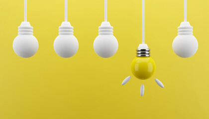 Bright yellow bulb among white bulb on a yellow background. 3d render illustration