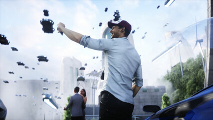 3d people in futuristic city. flying car traffic. megapolice. Future concept. 3d rendering. © 3D motion