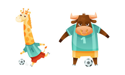Wild Animal Character Playing Football Wearing Uniform Passing Ball Vector Set