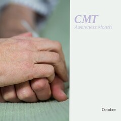 Fototapeta premium Composition of cmt awareness month text with diverse people holding hands on grey background