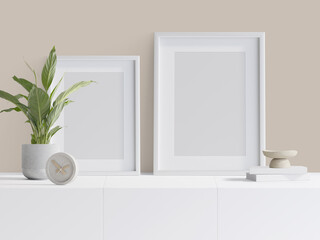 design scene for 2 Mockup Frames, sideboard, plant and decoration, 3d rendering, 3d illustration