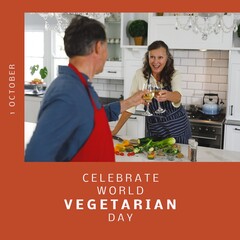 Composition of world vegetarian day text over senior caucasian couple with wine in kitchen