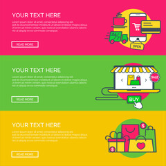 On-line shopping concept web site banner set with flat thin linear icons. For advertising graphics, mobile apps, page layout design. Vector Illustration