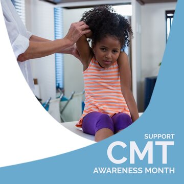 Composition of cmt awareness day text with diverse physiotherapist and patient on blue background