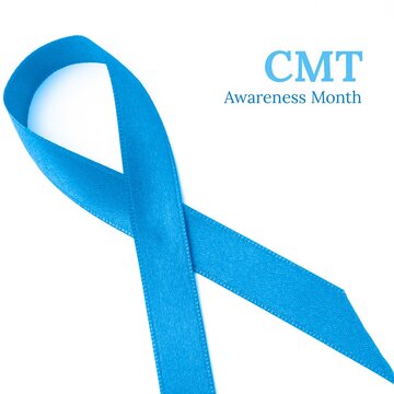 Composition of blue ribbon on white background
