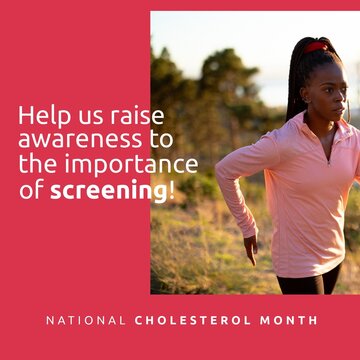 Composition of national cholesterol month text with african american woman running