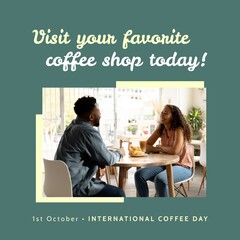 Image of visit your favorite coffee shop and happy african american couple in cafe