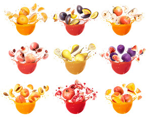 Set of different fruits with splashes of juice isolated on a white background