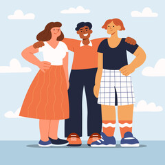 Three cheerful friends standing and hugging. Male and female full-length characters. Trendy outfit, multiracial appearance. Flat hand drawn cartoon vector illustration