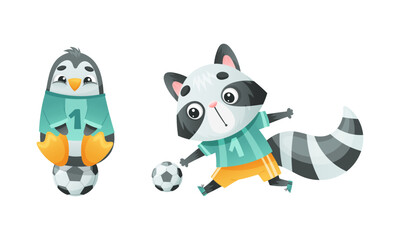Wild Animal Character Playing Football Wearing Uniform Passing Ball Vector Set