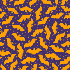 Halloween seamless pattern bat yellow color on lilac background for decoration holiday party, poster, greeting card. Vector Illustration