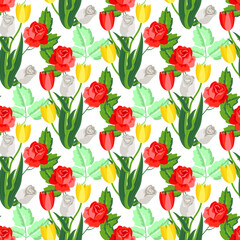 Vector - flower bouquet seamless pattern, roses and tulips illustration.