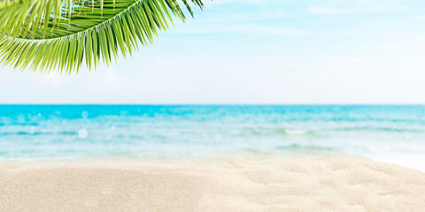 Summer beach background with white sand, blue sea and palm tree