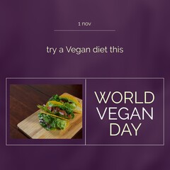 Fototapeta premium Composition of world vegan day text with tacos on purple background