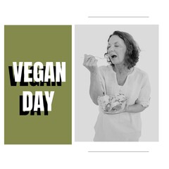 Composition of vegan day text with caucasian woman eating on green background