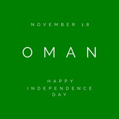Composition of happy oman independence day text over green background