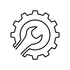Cogwheel and wrench line icon. Symbol of adjustment, repairs, technical service or support. Vector Illustration