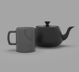 Mug mockup.Black mug and teapot.