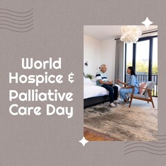 Digital image of asian nurse talking with senior man at home, world hospice and palliative care day