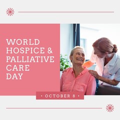 Digital composite image of caucasian nurse with senior woman, world hospice and palliative care day