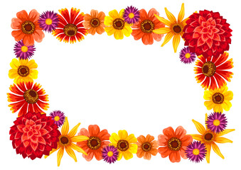 Decorative frame with autumn flowers. Beautiful decorative bouquet of blooming plants.