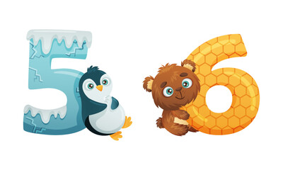 Numbers with Cute Penguin and Bear Animal Character for Preschool Education and Learning Vector Set