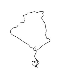 Map of France, Algeria with heart as line drawing on white background