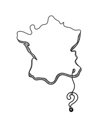 Map of France, Algeria with question mark as line drawing on white background