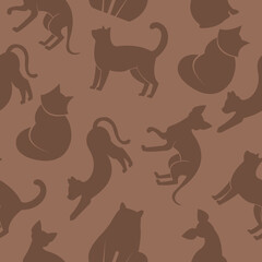 Seamless patten with cats. Flat design vector. Variety breeds cats in different poses sitting, standing, stretching, lying. For veterinary clinic, pet shop advertising concept. Collection of kittens