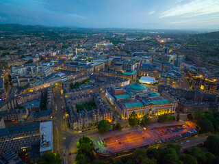 New Town aerial view including Saltire Court and Usher Hall at sunset in Edinburgh, Scotland, UK. New town Edinburgh is a UNESCO World Heritage Site since 1995. 