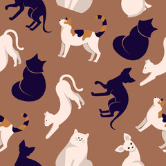 Seamless patten with cats. Flat design vector. Variety breeds cats in different poses sitting, standing, stretching, lying. For veterinary clinic, pet shop advertising concept. Collection of kittens