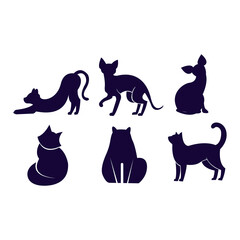 Fototapeta premium Set of icons with cats. Flat design vector. Variety breeds cats in different poses sitting, standing, stretching, lying. For veterinary clinic, pet shop advertising concept. Collection of kittens