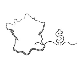Map of France, Algeria with dollar as line drawing on white background