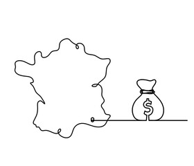 Map of France, Algeria with dollar as line drawing on white background